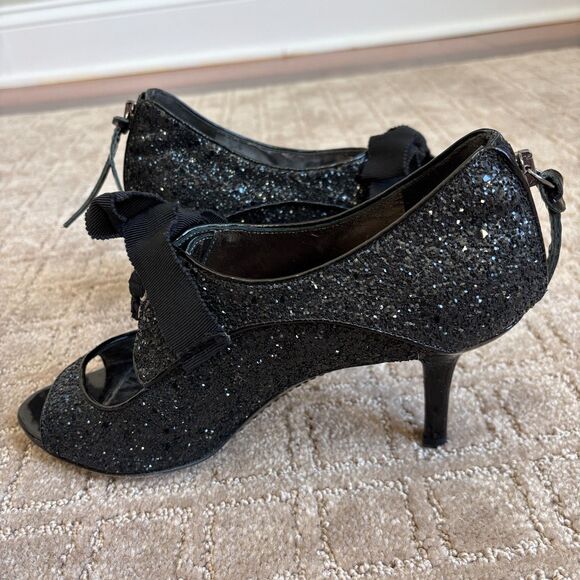 Miu Miu Glitter-Covered Leather Peep-Toe Oxford Pumps Women's 39 Black Italy - Picture 7 of 10